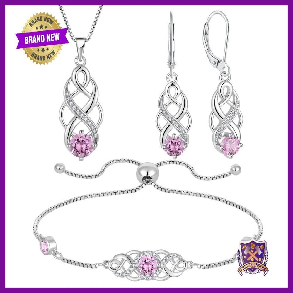 Sterling Silver Celtic Knot Jewelry Set with Pink Tourmaline Birthstone